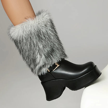 Fur Splicing PU Thick Soled Sponge Cake Heel Ankle Metal Belt Buckle Thick Plush Mid-calf Boots Height Increasing Snow Boots