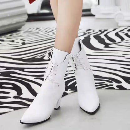 Plus Size Pointed High Thick Heel Lace Up Women's Mid Length Boots With Short Plush Lining Concise Style Winter New Boots