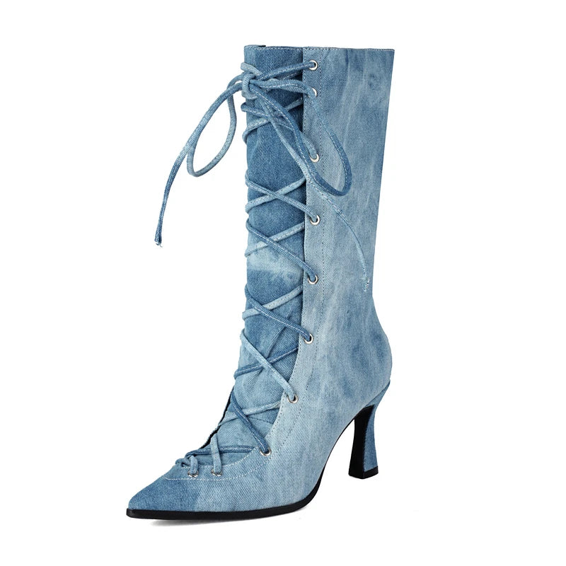 Light Blue Denim Jeans Gothic Shoes for Women Lace-up Cross-tied Pointed Toe Spike High Heels Cowboy Lady Mid-calf Boots Size 48