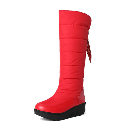 2024 Plus Size Winter Warm And Waterproof Down Cotton Boots With Tassel Lacing Flat Bottom Slope Heel Stripe Knee Length Boots