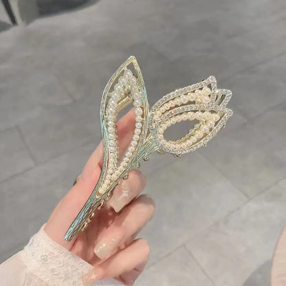 Korean Fashion Tulip Pearl Rhinestone Hair Claw Clip Alloy Elegant Hair Clip Claw Clamp Headwear Girls Women Hair Accessories