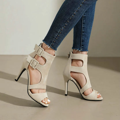 Hallow Buckle Belt Zip Back Spike High Heels Sandals