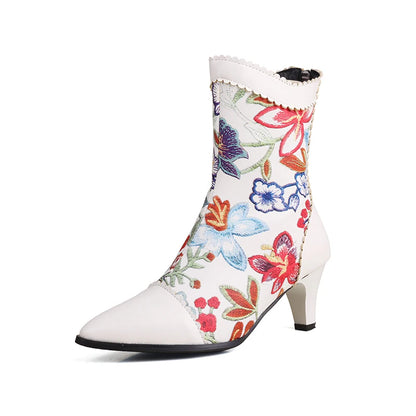 Plus Size Ruffle Edge Embroidered Flower Pointed Cat Heel Mid-calf Boots Printed Back Zipper Ethnic Style Autumn Winter New Boot