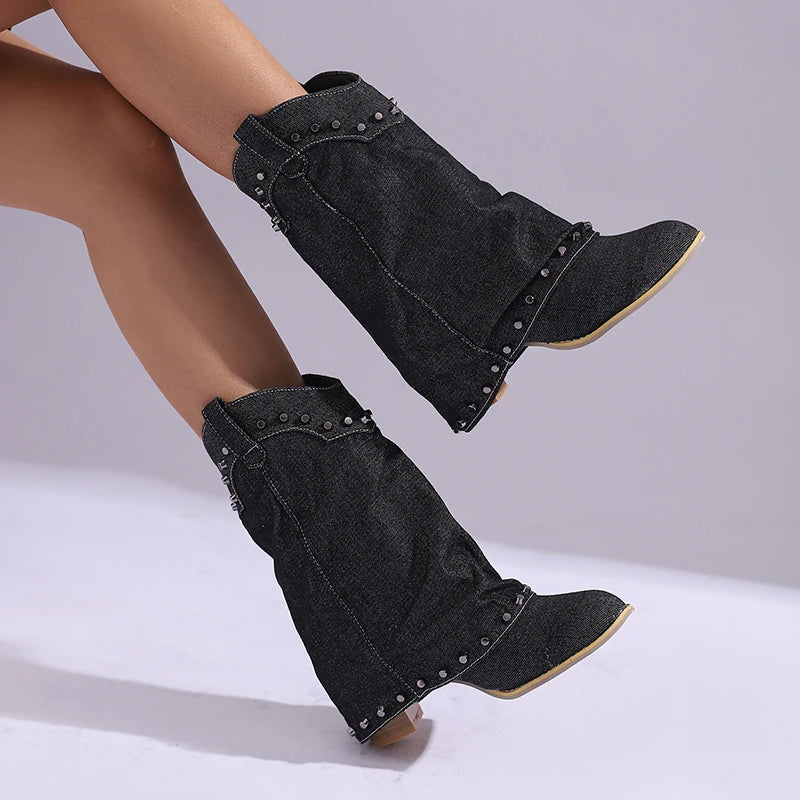 Boots With Wood Grain Thick Heels Slip-On Ankle Boots