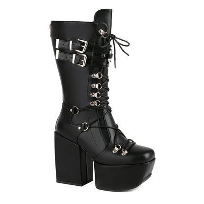 Plus Size Square Toe Ultra High Platform Metal Punk Mid Tube Boots With Cross Tie Back Zipper Plush Lining For Women's Boots