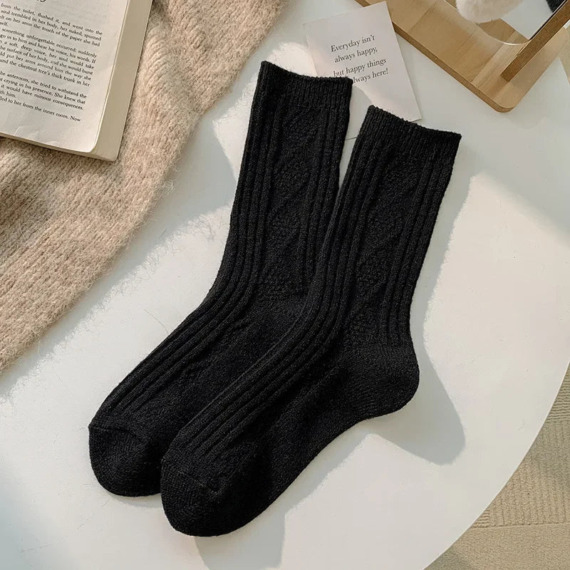 Diamond Check Wool Socks Coffee Color with Solid Color