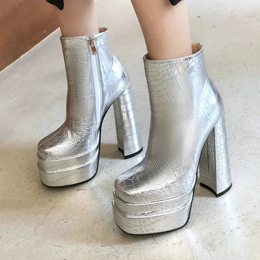 Crocodile PU Skin Leather Gold Silver Square Toe Zip Up Women Ankle Chelsea Boots Block High Heels Platform Concise Shiny Shoes