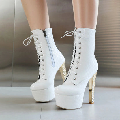 Thick Heel Checked Patent Leather Fashion Women's Boots