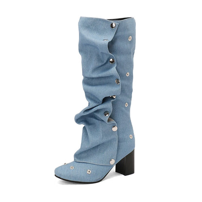 Plus Size Denim Fashionable Rivet Thick Heel Side Zipper Knee High Boots With Round Metal Buckle British Punk Style Women's Shoe