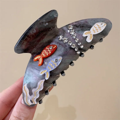 Hair Claws for Girls and Women Blue Hair Crabs With Fish Rhinestones Hair Accessories Headwear Summer