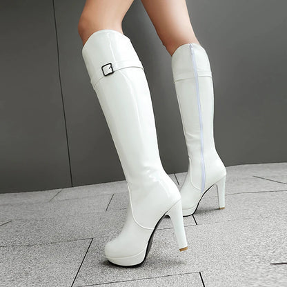 Ultra High Hollow Thick Heel Round Toe Platform Zipper Sexy Performance Long Boots Square Metal Buckle Breathable Knee High Boot