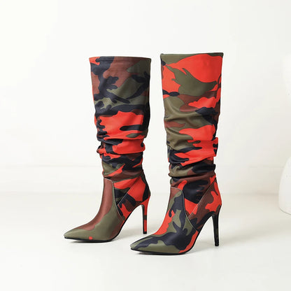 Camouflage Pointed Ultra-High Slim Heels For Women's Fashion Boots Mixed Colors For Women's Knee Length Boots