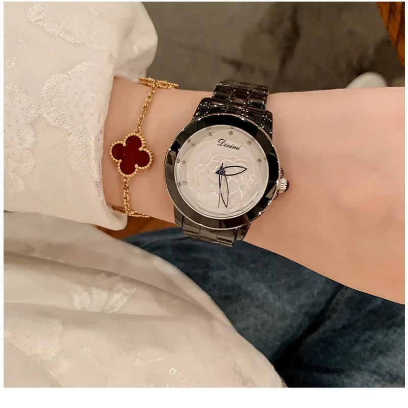 Fashion Ceramic Black and White Watch Camellia Light Luxury Quartz Women's Watch Waterproof Women's Bracelet Relogio Feminino