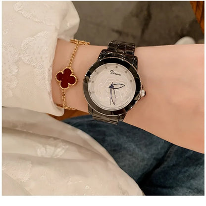 Fashion Ceramic Black and White Watch Camellia Light Luxury Quartz Women's Watch Waterproof Women's Bracelet Relogio Feminino