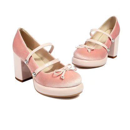 Velour Velvet Pink Red Round Toe Platform Women Mary Janes Shoes Double Buckle Strap Chunky Block High Heels Lady Lolita Pumps