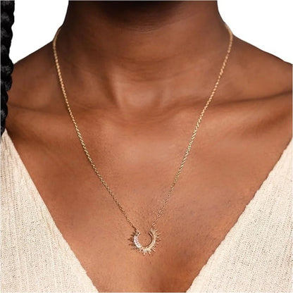 Youthway Personality Geometric Sparkling Zirconia Necklace Sun Crescent Trendy Individual Women Vacation Traveling Jewelry Gifts