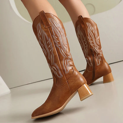 Plus Size Embroidered Pattern Conical Wood Grain Thick Heel Breathable Knee High Boots Side Zipper British Style Western Boots