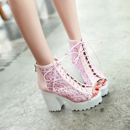 Hollow Mesh Patchwork PU Ultra-High Thick Heel Peep Toe Ankle Back Zipper Cross Tie Sexy Summer Women's Short Boots