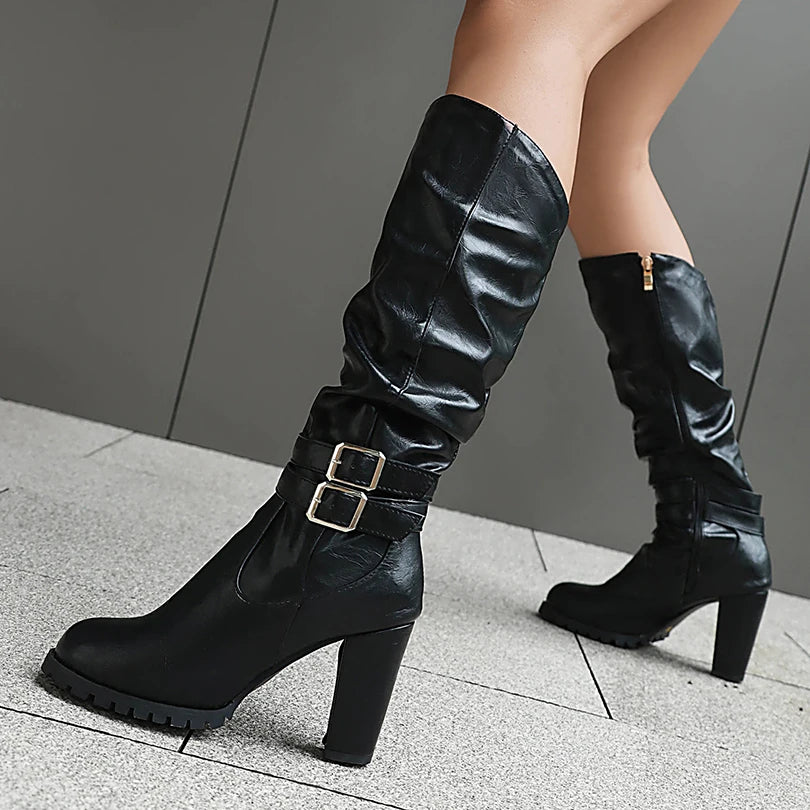 Plus Size Double Row Metal Belt Buckle Round Head Ultra-High Thick Heel Side Zipper Knee High Boots Platform Fashion Long Boots