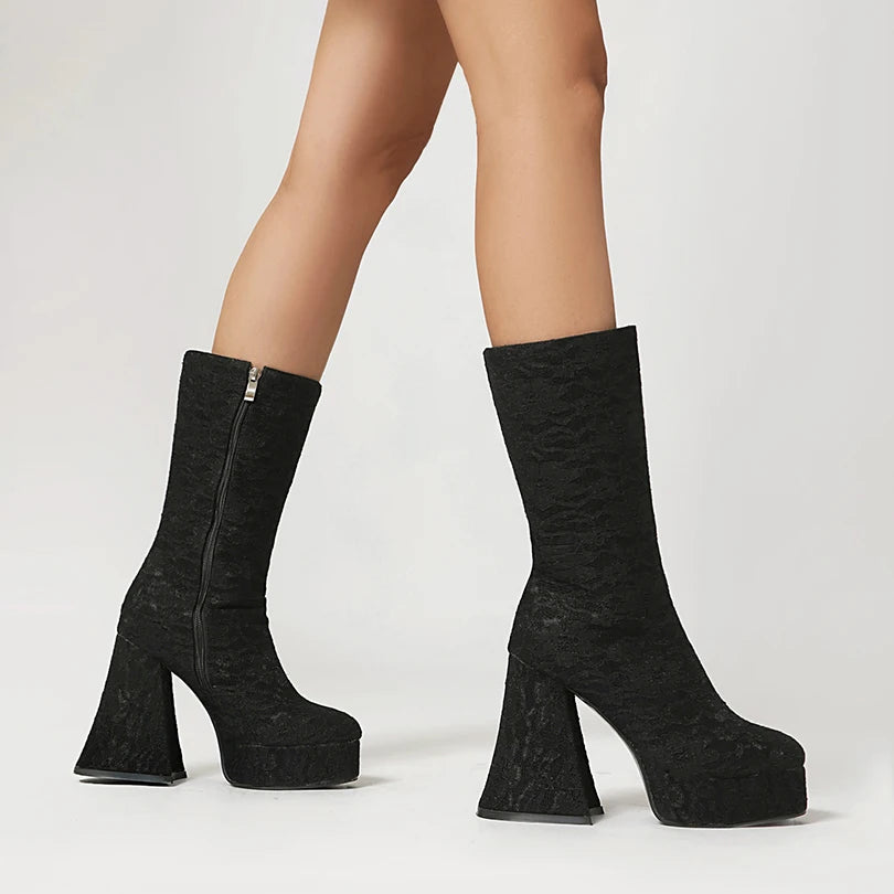 Printed Frosted Velvet Upper High Platform Ultra-High Thick Heel Side Zipper Warm Mid-Calf Boots Irregular Thick Heel Boots