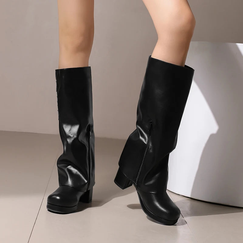 Plus Size Flipped Pu Side Zipper Decoration Round Toe Thick Heel Fashion Knee High Boots Autumn New Slip-On Women's Boots