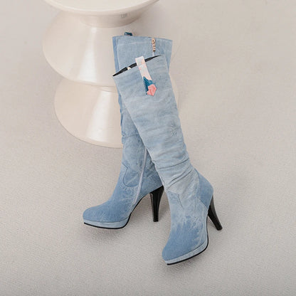 Ultra High Tapered Fine Heel Printed Denim Material Side Zipper Knee Boots Platform Microfiber Lining Autumn New Women's Boots