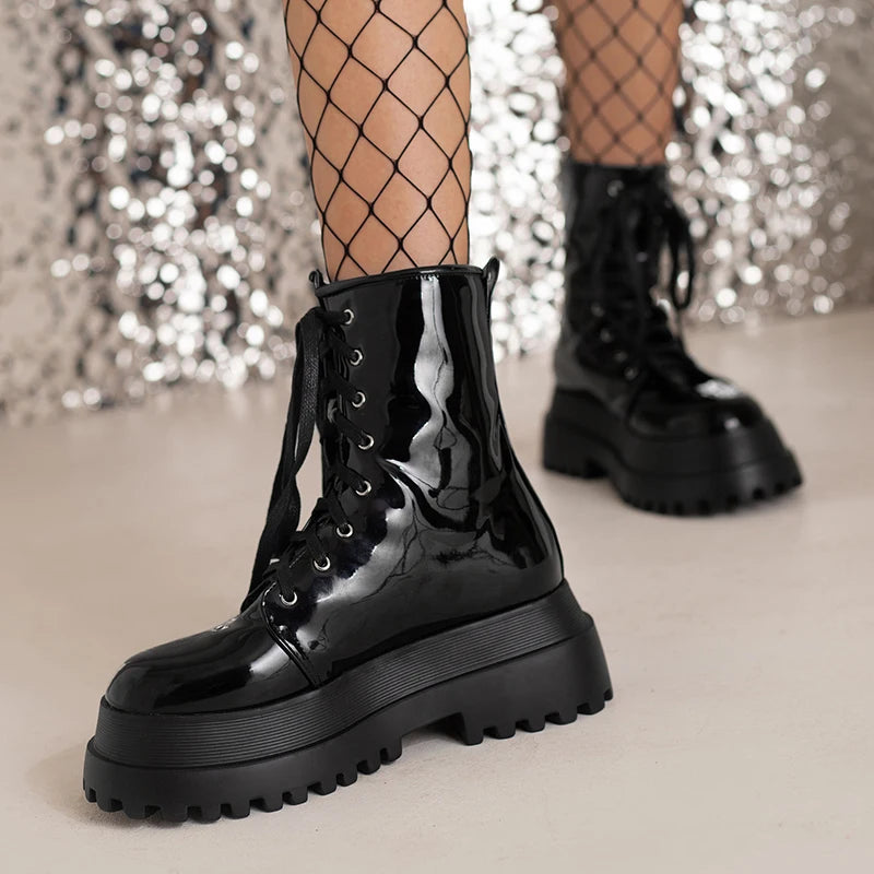 Double Layer Platform Shiny Patent Leather Flat Bottom Boots Plush Inner Lining Lace Up Autumn New Women's Boots