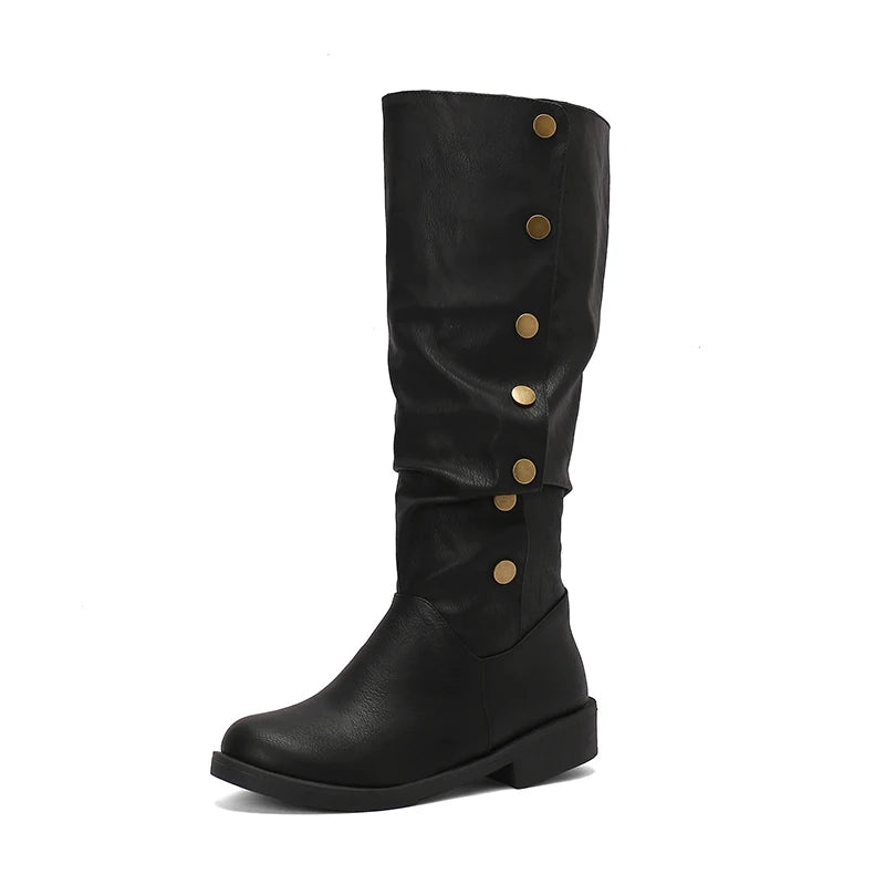 Plus Size Round Toe Thick Heel Short Plush Inner Rivet Button Women's Knee High Boots Classic Retro Western Boots