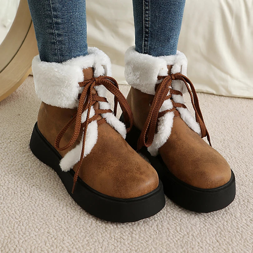 Fur Splicing PU Classic Retro Thick Plush Inner Winter Long Short Boots Flat Heel Thick Bottom Warm Tie Up Snow Boots