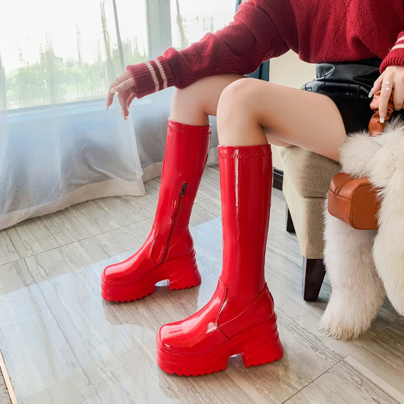 Bright Patent Leather Material Square Toe Super High Thick Bottom Zipper Women's Knee High Waterproof Platform Warm Boots