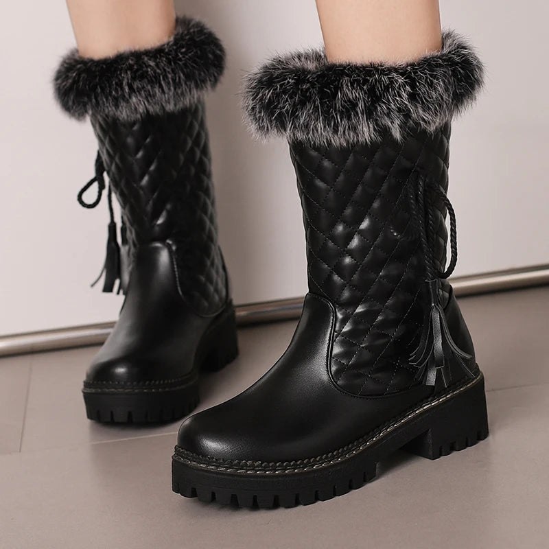 Tassel Lace Up Decal Checkerboard PU Splicing Fur Slip On Women's Mid Calf Boots Thick Sole Thick Heel Height Snow Boots