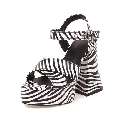 Stylish Goth Girls Summer Shoes Zebra Cow Skin Print Open Toe Buckle Strap Platform Woman's Shoes Chunky Heels Sandals Women