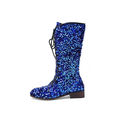 Circle Sparkling Sequin Material Novelty Women's Knee Length Boots Cross Lace Side Zipper Shiny Color Changing Unique Boots