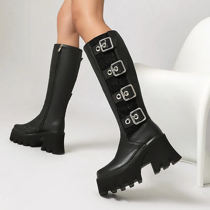 Elastic Velvet Splicing PU Punk Style Row Metal Belt Square Buckle Boots High Platform Thick Heel Zipper Plush Lining Knee Boots