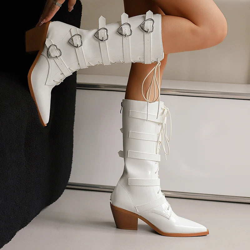 Plus Size Five Row Heart-Shaped Metal Belt Buckle Pointed Cone Wood Grain Thick Heel Cross Tie Zipper Punk Style Mid-calf Boots