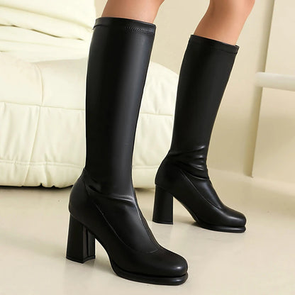 Plus Size Round Toe Platform Ultra-High Thick Heel Sewing Slip-On Women's Knee High Boots Concise Style Knight Boots