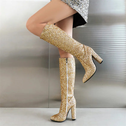 Ladies Long Botas Party Shoes for Women Gold Sliver Blue