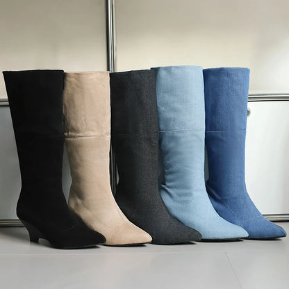 Plus Size Denim Material Pointed Flat Bottomed Sloping Heel Plush Lining Knee Boots Side Zipper Floor Slip On Elastic Boots