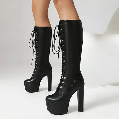 Plus Size Cross Tie Platform With Ultra-High Hollow Out And Punk Style Street Fashion Breathable Women's Knee High Boots