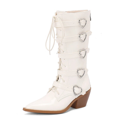 Plus Size Five Row Heart-Shaped Metal Belt Buckle Pointed Cone Wood Grain Thick Heel Cross Tie Zipper Punk Style Mid-calf Boots