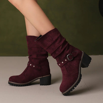 Matte Velvet Material Metal Rivets Instep Metal Belt Buckle Thick Heel Mid-Calf Boots Waterproof Platform Autumn New Boots