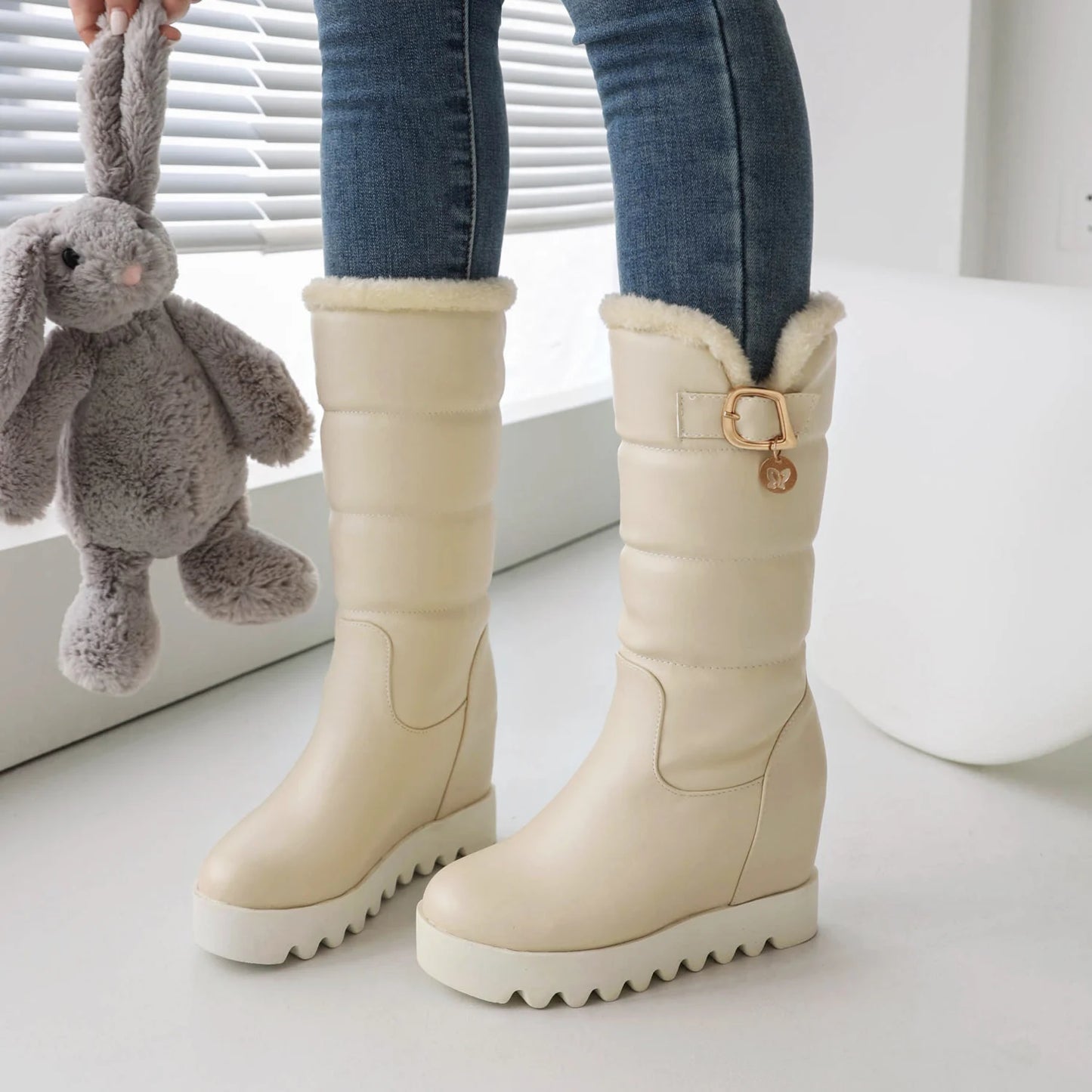 Slope Heel Flat Bottom Metal Belt Buckle Thick Plush Lining Winter Long Tube Women's Boots Platform Sponge Sole Knee High Boots