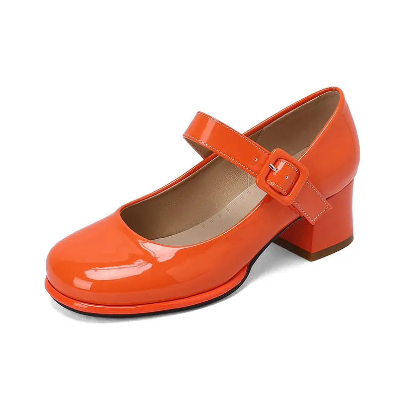 Patent PU Leather Orange Red Closed Toe Women Pumps Big Size 47 48 Mature Lady Office Shoes Buckle Strap Mary Janes Chunky Heels