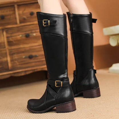 2024 Plus Size Military Green PU Cross Buckle Side Zipper Women's Knee Length Boots With Short Plush Lining Classic Retro Boots