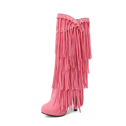 New High-Heeled V-Neck Fringed Women's Boots