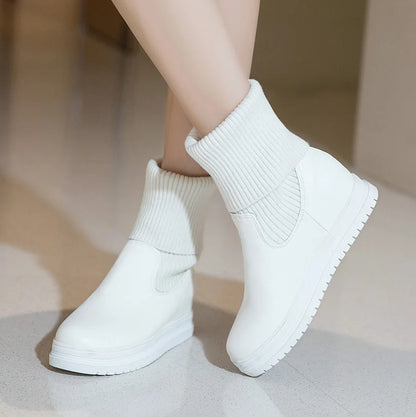 Knitting Wool Splicing PU Slip-On Women's Mid-calf Boots With Flat Heels And Thick Soles For Winter Warmth Office Boots