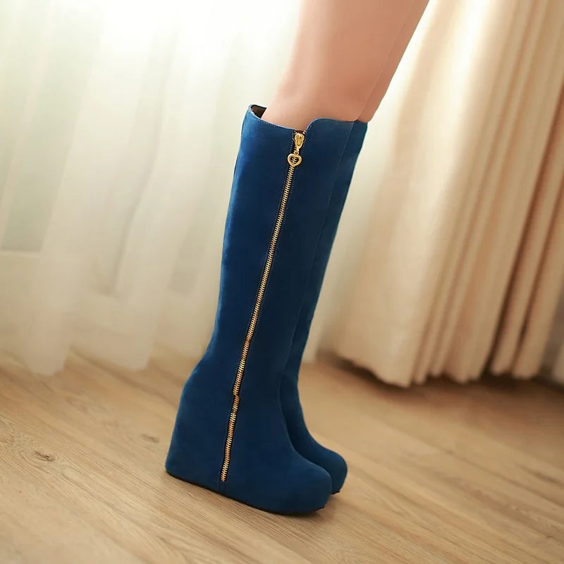 Frosted Flock Material Lamb Thick Plush Warm Long Boots Flat Bottom Slope Heel Side Zipper Women's Knee-High Boots 2024