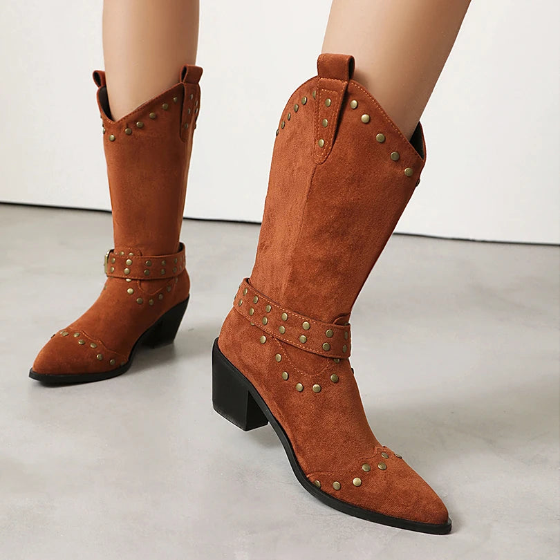 Plus Size Rivet Frosted Velvet Western Boots Pointed Cone Thick Heel Ankle Metal Belt Buckle Slip On Mid-Calf Boots Knight Boots