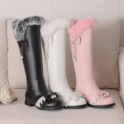 Pleated Lace Metal Chain Pearl Decoration Thick Sole Flat Heel Knee High Boots Bow Tie Faux Fur Side Zipper Lolita Girls' Shoes