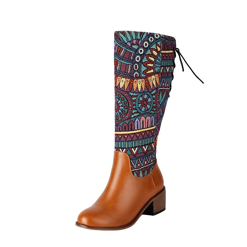 Plus Size Ethnic Style Pattern Printed Fabric Splicing PU Long Boots Cross Tie Straps Zippers Wood Grain Thick Heel Knee Boots